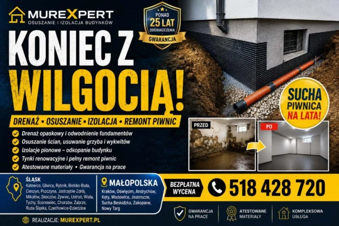 Osuszanie budynków, izolacja fundamentów, iniekcja krystaliczna, podcinanie ścian Małopolska/ Śląsk