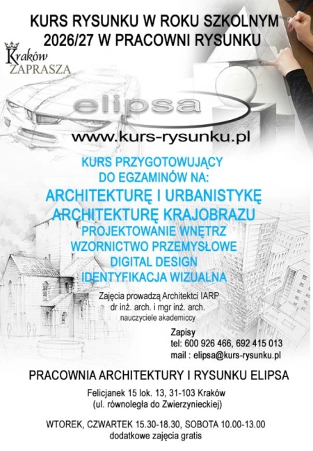 Kurs Rysunku Elipsa zapisy  2026/27 Architektura, Wzornictwo, Wnętrza