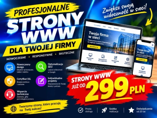 Kompletna strona dla firmy 299 zł, bez umowy na lata