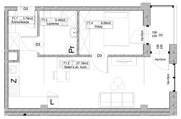 Wzgórze Ablewicza - 2 pokoje, I piętro, balkon.