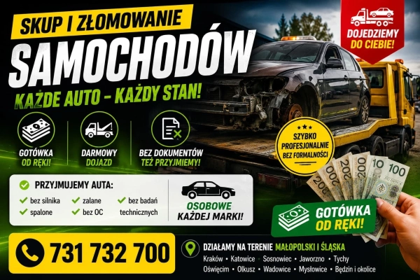 Złomowanie samochodów | Kasacja aut | Skup aut do złomowania | Przyjedziemy lawetą Śląsk i Małopolska