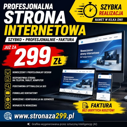 Kompletna strona dla firmy 299 zł, bez umowy na lata